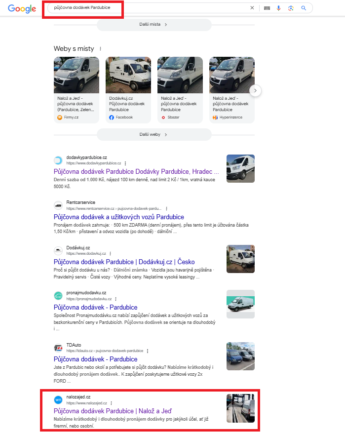 Pujcovna dodavek Pardubice web na Google